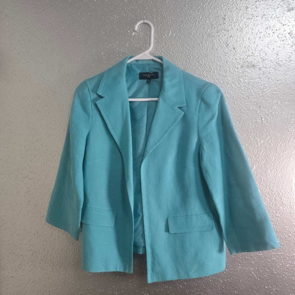Talbots Petites Turquoise Blue 100% Linen Blazer Jacket 10P 3/4 Sleeve PH95